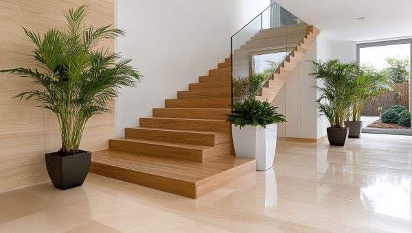 Modern staircase design with wooden steps and glass railing, surrounded by greenery